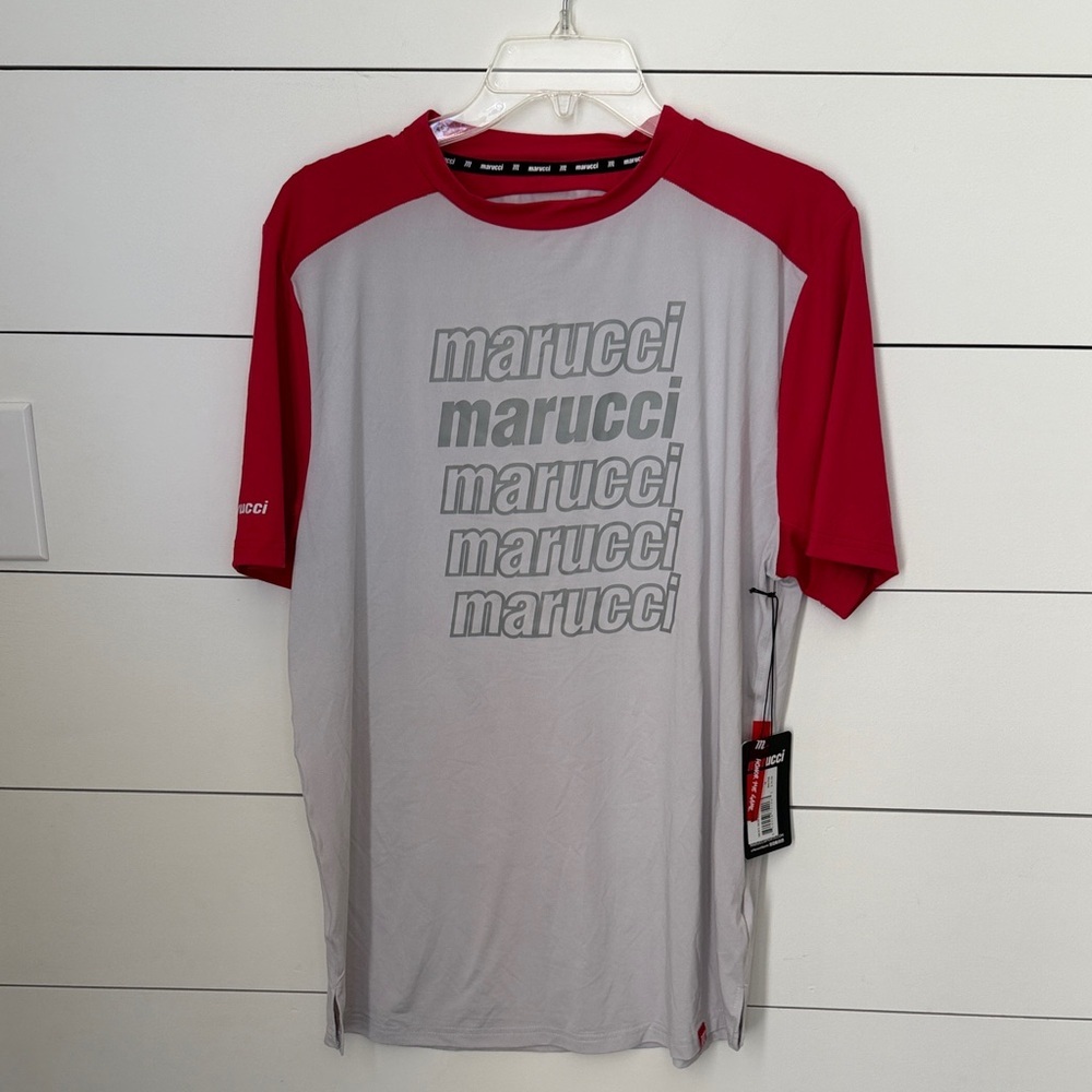 NWT Marucci Men’s Short Sleeve Athletic baseball Tee - Gray with Red Sleeves